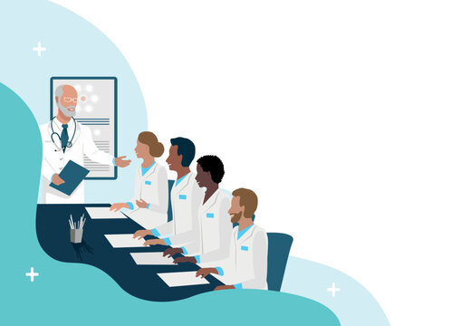 A team of doctors confer, study, hold a conference, training or cosilium. Vector illustration isolated on white background.