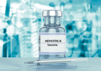 Hepatitis B vaccine ampoule and syringe for drug injection. Laboratory table
