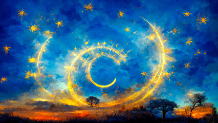 Naklejka na ściany i meble A golden circular zodiac is seen in the blue sky above a landscape. Astrological symbols are seen in the clouds and around the sun. This is used to illustrate horoscopes.