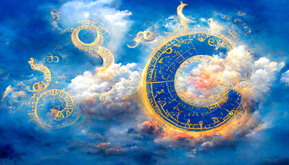 An aerial view of a golden zodiac appears in the blue sky above a landscape, with astrological symbols in the clouds and around the sun. This illustration is used to illustrate horoscopes.