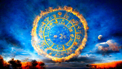 This beautiful artwork features a circular zodiac in the clouds, which seems to inspire a feeling of omniscience. It could be used to see a person's astral future.