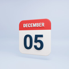 December Realistic Calendar Icon 3D Rendered Date December 05
