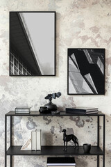 Interior design of indiustral apartment with mock up poster frame, simple rack, black dog, books, vase with dried flowers and personal accessories. Home decor. Template. 
