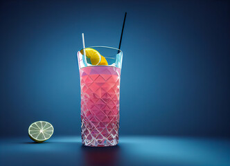 A coktail glass with 3D rendering of the restaurant or bar menu is also very refreshing to drink. The image is minimalist in style with accessories like fruits or a straw.