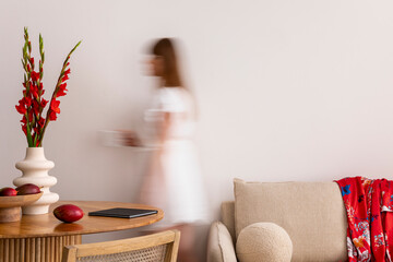 Interior design of aesthetic and elegant room with woman in dress, mock up poster frame, round...