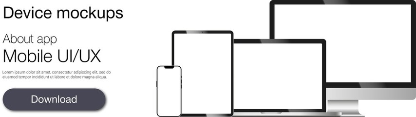 Realistic mockups computer, laptop, tablet and smartphone on transparent background. Device screen mockup collection. Empty screen mock-up, silver design. PNG image
