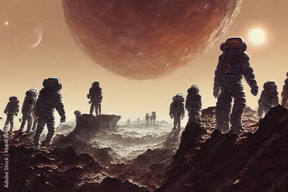 Poster concept illustration of space explorers mining for elements oblivious to nearby alien hive sci fi fa