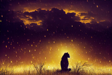 The lion's silhouette is well-defined in the golden night, while the landscape of Africa casts a powerful shadow across its king.