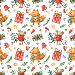 Christmas, New Year seamless pattern with cute animals fox and mouse, gifts, winter berries. Watercolor background.