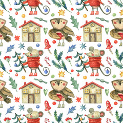 Christmas, New Year seamless pattern with cute owl bird, mouse, house, winter leaves, fly agaric, stars. Watercolor background.