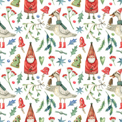 Christmas, New Year seamless pattern with cute goose bird in hat, gnome, winter berries, mistletoe, fly agaric, leaves. Watercolor background.