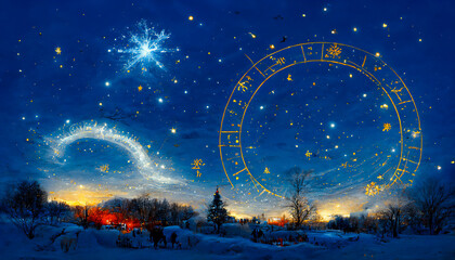 Circular zodiac in the winter or Christmas night sky. For Christmas or winter horoscope. Beautiful seasonal colors with alternating white and blue. Landscape of astrology.