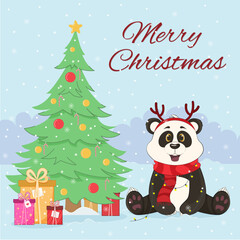 Cute Christmas card with happy holiday panda and tree. Vector illustration in cartoon style. Happy New Year and Merry Christmas.
