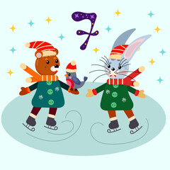 Obraz na płótnie Canvas Seventh day of the New Year advent calendar. A hare and a bear cub with a bird are skating. Vector flat cartoon illustration. 