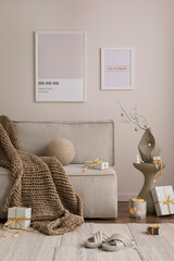 Christmas cozy living room interior with beige sofa, boucle armchair, christmas decoration, mock up...