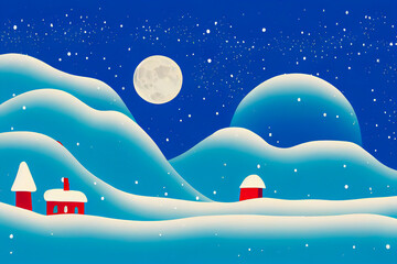 A Christmas illustration for children shows a warm home or friendly village during the night of winter. The snow and magical stars are a poetic and tender image.