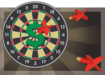 business dart board with dollar sign symbol on bulls-eye and darts aimed at the symbol with radiating background