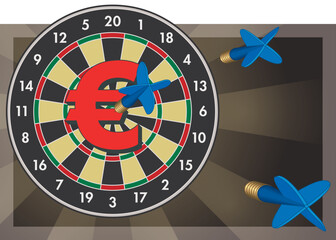 business dart board with euro symbol on bulls-eye and darts aimed at the symbol with radiating background