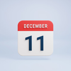 December Realistic Calendar Icon 3D Rendered Date December 11