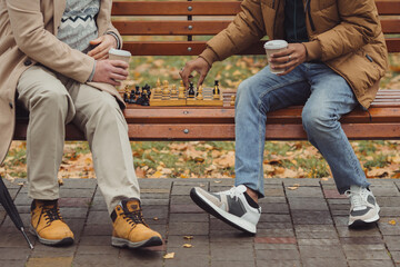 Multi-ethnic men, teacher and student playing chess in autumn park on a bench.