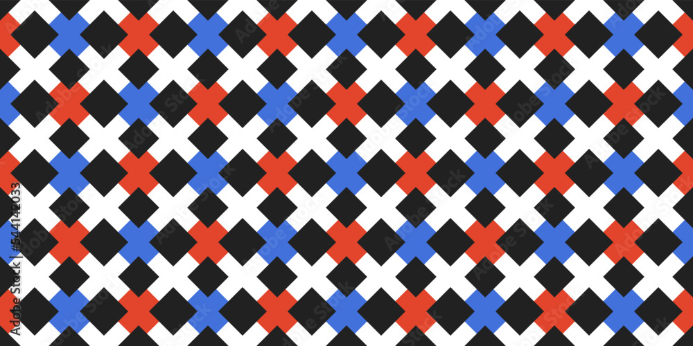 Poster Vector with a seamless pattern of rhombus texture. Print and design of black and white rhombuses. Rhombus texture seamless. Blue and red rhombuses.