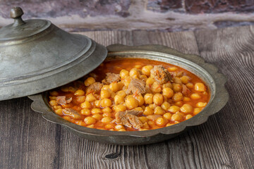Traditional delicious Turkish foods; Turkish Food Chickpeas with Meat. Turkish name; Etli nohut