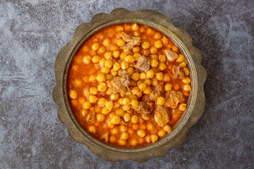 Traditional delicious Turkish foods; Turkish Food Chickpeas with Meat. Turkish name; Etli nohut
