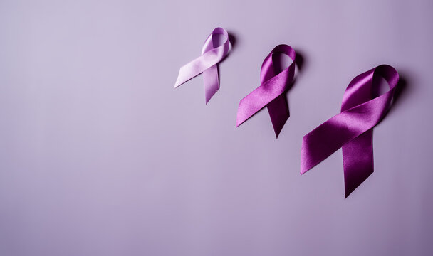 purple ribbons, Alzheimer's disease, Pancreatic cancer, Epilepsy awareness, world cancer day on colored background, World Cancer Day concept
