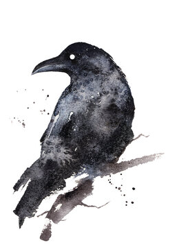 Black watercolour raven sitting on a wooden pole. Crow - gothic black and white illustration