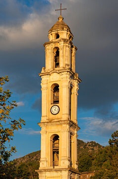 Bell tower of the baroque church Saint Eli in Pietra di Verde, Corsica, France