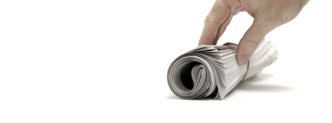 Hand Touching Newspaper Rolled up Isolated on White for News and Hand