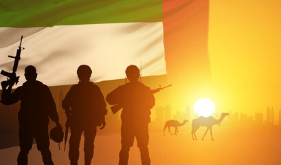 Fototapeta na wymiar Silhouette Of A Solider Saluting Against the flag of UAE. Concept of national muslim holidays. Independence Day, Victory Day.