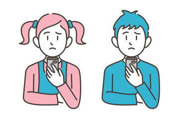 Boy and girl looking at smartphone with troubled expression [Vector illustration].