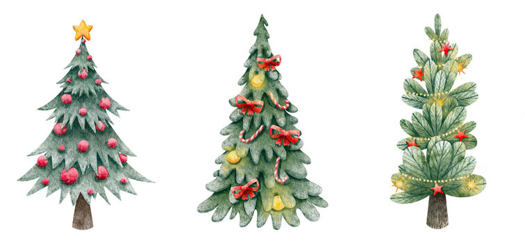 Set of Christmas tree watercolor isolated Illustration clipart. Group of Christmas tree with bauble ball decoration, light bulb, candy cane and star decorated. Christmas sticker for card printing.