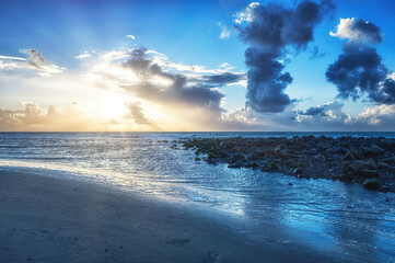 Sun sets over the island of Ameland, Holland