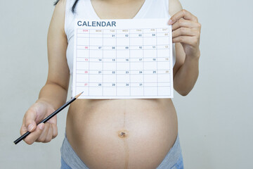 Close up pregnant woman holding a calendar, happily looking forward to her due date.