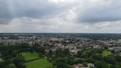 Colchester City centre  streets houses Essex UK drone aerial view .