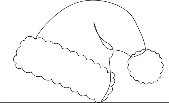santa hat outline drawing in one continuous line, isolated, vector