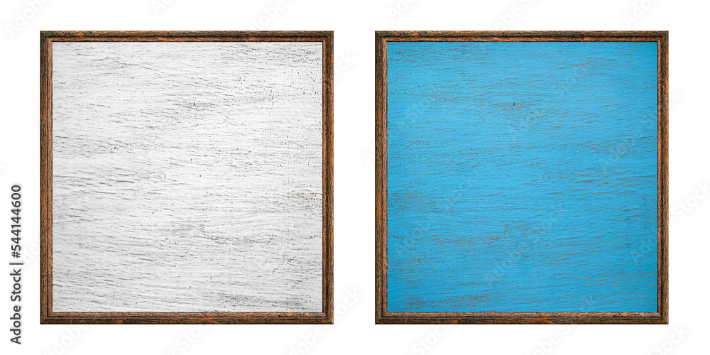 Poster wooden frame. two empty square frames with a creative wooden insert isolated on a white background. 