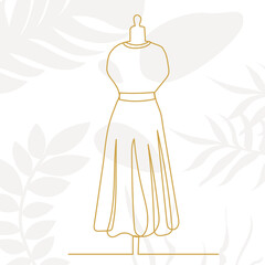 dress on mannequin outline drawing by one continuous line, isolated, vector
