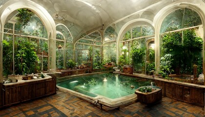 Hotel Victorian Spa and wellnes centre in botanical garden interior illustration design