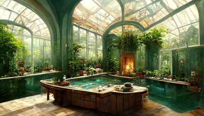 Victorian Spa and wellnes centre in botanical garden hotel interior illustration design