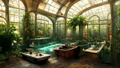 Victorian Spa hotel and wellnes centre in botanical garden interior illustration design
