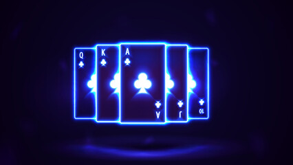 Blue shine neon casino playing cards in dark empty scene, poster for your arts