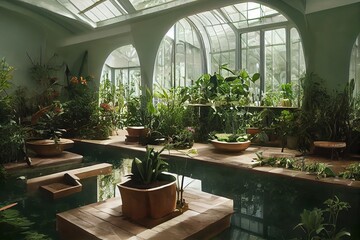 Victorian Spa and wellnes centre in calm botanical garden interior illustration design - obrazy, fototapety, plakaty