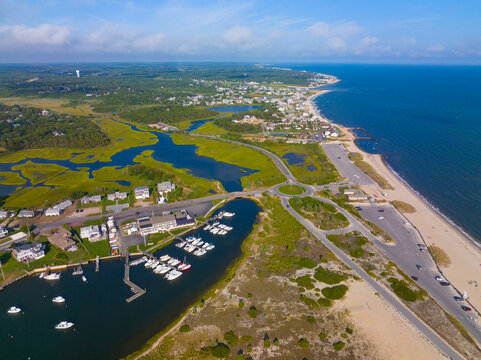 West Dennis Beach aerial view and West Dennis Yacht Club on Bass River mouth in town of Dennis, Massachusetts MA, USA. 