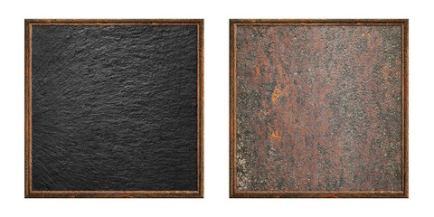 Wooden frame. Two blank square frames with rust and stone creative insert isolated on white...