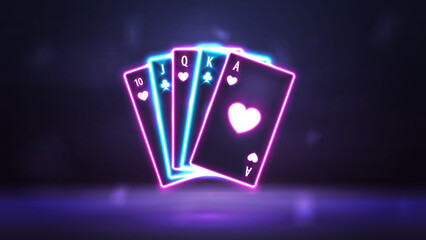 Pink and blue neon playing cards in dark empty scene. Neon casino elements