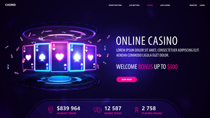 Online casino, dark and blue banner with offer, interface elements and neon playing cards with poker chips with hologram of digital rings in dark empty scene