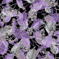 Branches of a mountain ash, rowan berries, autumn background, autumn leaves watercolor. Art Autumn background with cherry, rowan, viburnum. Branches, abstract paint splash, lines. fashion design.scarf